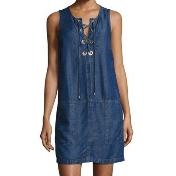 Splendid  Lace Up Sleeveless Chambray Denim Shift Mini Dress SD11487DK Medium M - Picture 2 of 7